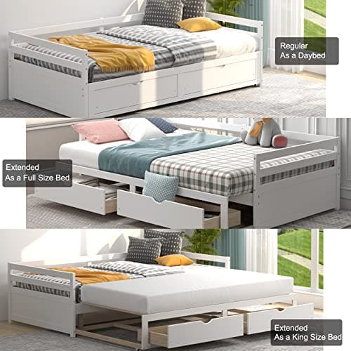 Modern Twin to King Daybed with Trundle, 2 Drawers, Pull Out Bed - White