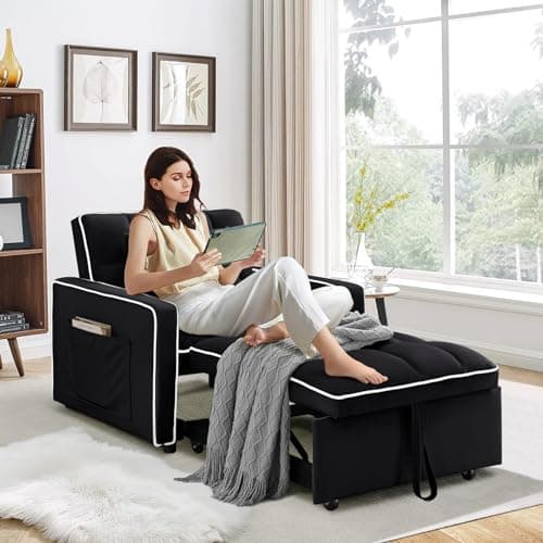 3-in-1 Convertible Sleeper Chair Bed with Adjustable Backrest and Side Pockets, Velvet Upholstered Recliner for Living Room/Office/Small Spaces (Grey)