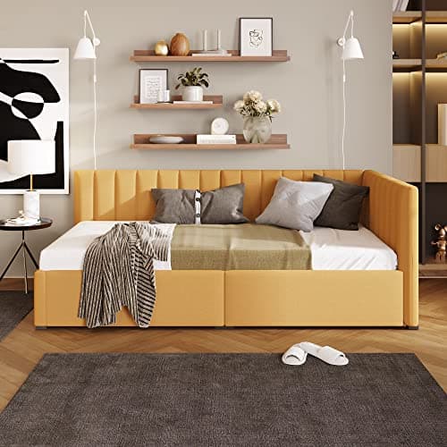 Upholstered Daybed with Storage Drawers and Wood Slats, Linen Fabric Sofa Bed Frame - Twin Size (Yellow)