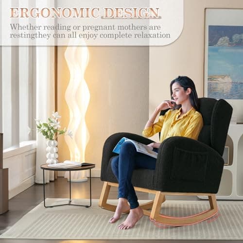 Rocking Chair for Nursery: Teddy Upholstered Glider with Side Pockets and High Backrest in Black