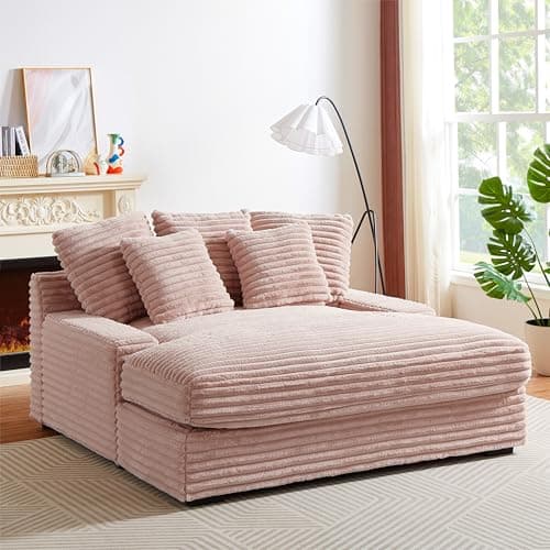 Eafurn Corduroy Upholstered Chaise Lounge Sofa with Ottoman & Cupholders