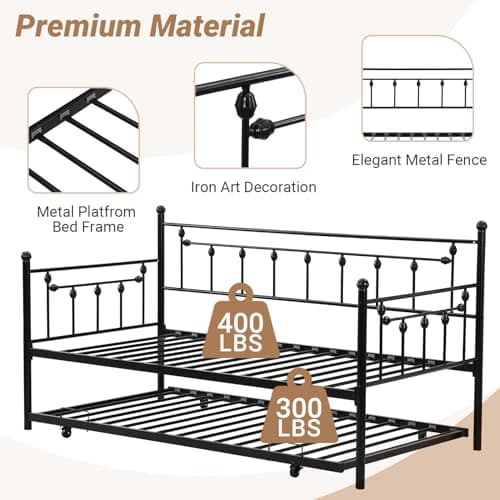 Black Twin Metal Daybed with Trundle - Heavy-Duty Sofa Bed for Bedroom or Guest Room, Easy Assembly