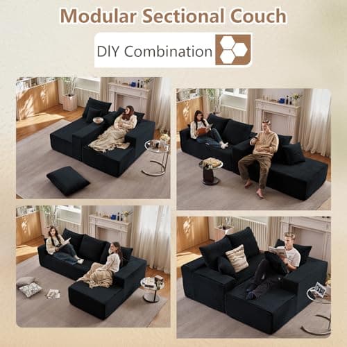 107" Modern Black Corduroy L-Shaped Sofa, Deep Seat Chaise for Living Room