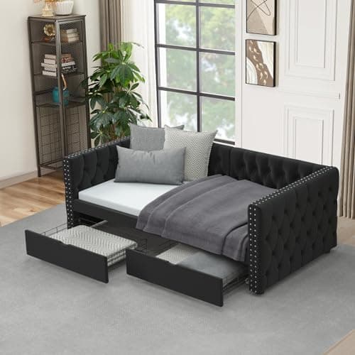 Modern Velvet Twin Size Daybed with Storage Drawers and Nailhead Trim