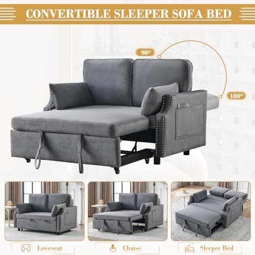 Grey Velvet Convertible Sleeper Sofa Bed, 50 Pull Out Couch, Modern Loveseat with Side Pocket for Small Spaces