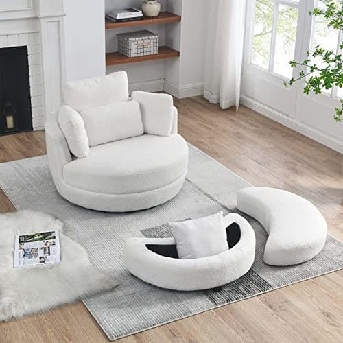 Grey Teddy Fabric Swivel Chair with Storage Ottoman