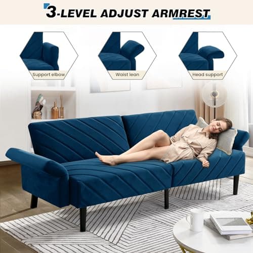 Velvet Futon Sofa Bed with Adjustable Backrest and Armrest, 78 Blue Futon Couch for Living Room and Small Spaces