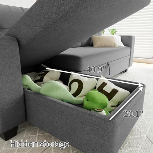 Furniwell L-Shaped Sleeper Sofa with Storage Lounge, Gray Linen (Living Room, Small Space)
