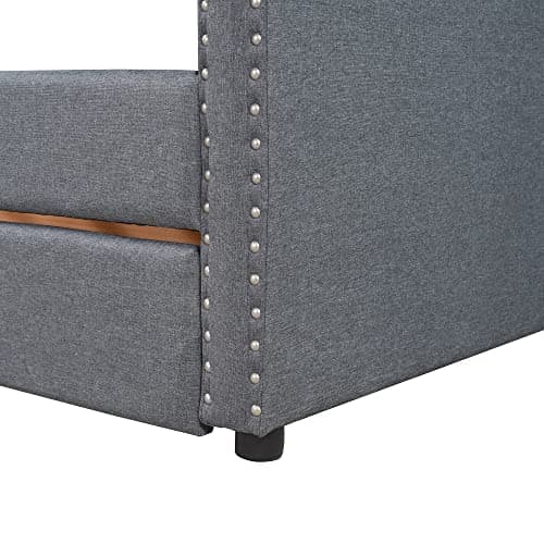 Grey Tufted Daybed with Drawers & Nailtrim Arms, Solid Wood Frame