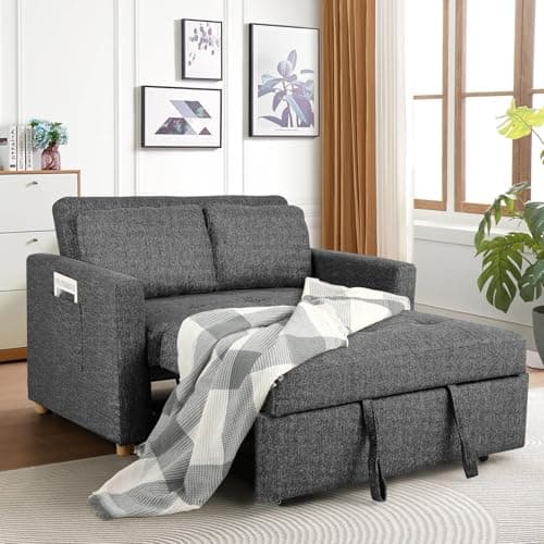 SEJOV 3-in-1 Convertible Sleeper Sofa, Linen Fabric with Adjustable Backrest, Black