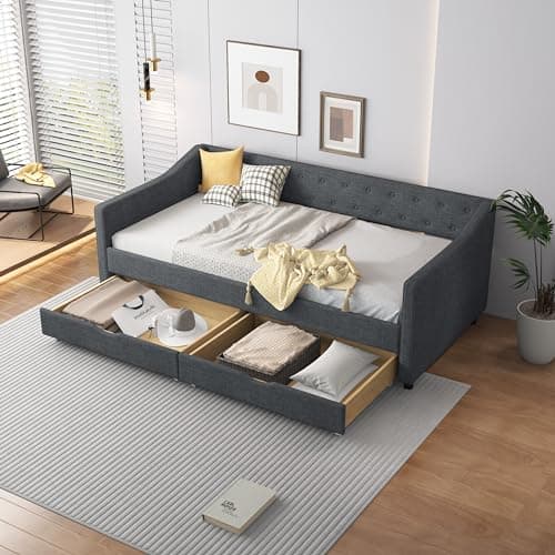 Upholstered Daybed with Drawers, Wood Frame Sofa Bed, Button Tufted Backrest, Linen Fabric, Dark Gray