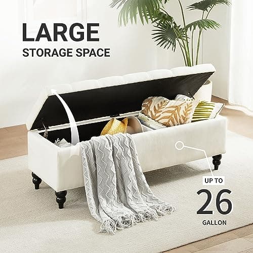 Ivory Upholstered Storage Ottoman Bench with Large Blanket Storage (50.2")