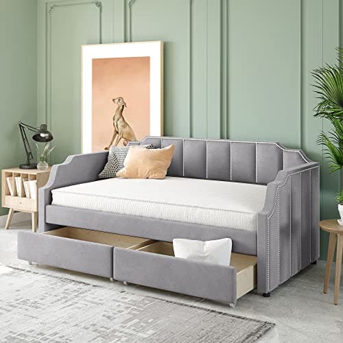 Meritline Beige Tufted Twin Daybed with Drawers & Storage