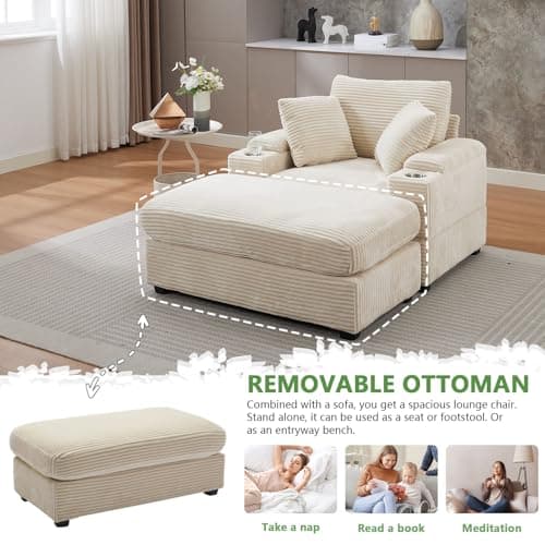 Oversized Beige Corduroy Chaise Lounge with Storage & Ottoman, Reclining Sofa Bed