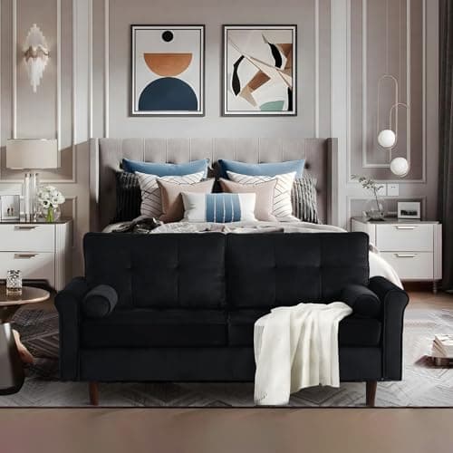 Mid-Century Modern Small Couch for Small Space, with Throw Pillows, in Black