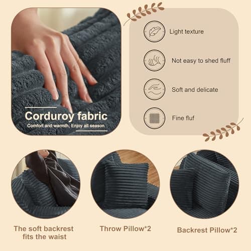 79" Dark Grey Corduroy Oversized Chaise Lounge Couch for Living Room