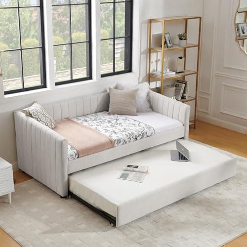 Twin Size Daybed with Trundle and Stripes - Beige