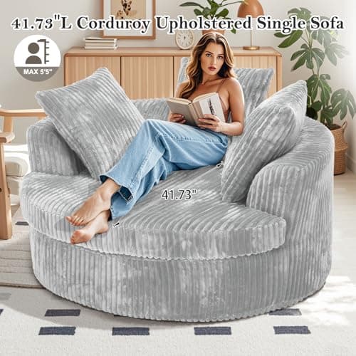 Oversized Round Corduroy Chaise Lounge Chair Bed, Plush Backrest, Throw Pillows, No Assembly Required