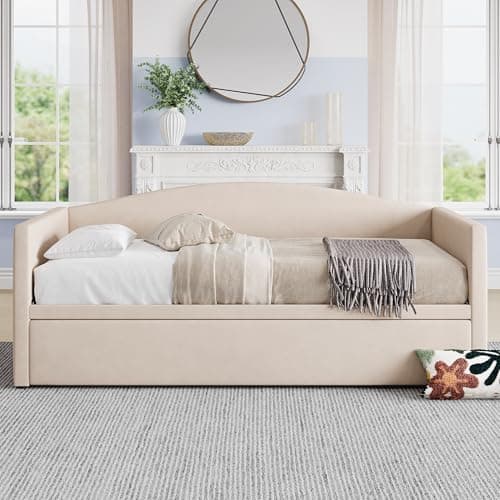 Beige Merax Twin Size Extended Pop Up Trundle Daybed Sofabed