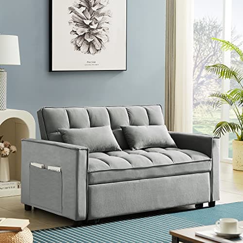 Modern Grey Velvet Sleeper Sofa with Pull Out Bed for Small Spaces