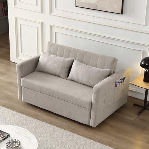 Light Grey Convertible Futon Sofa Bed with Side Pocket