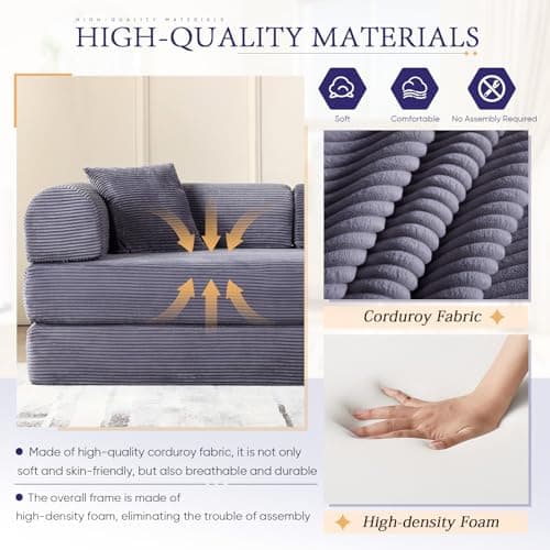 Grey Convertible Sleeper Sofa Bed with Memory FoamMattress&Cylindrical Pillows