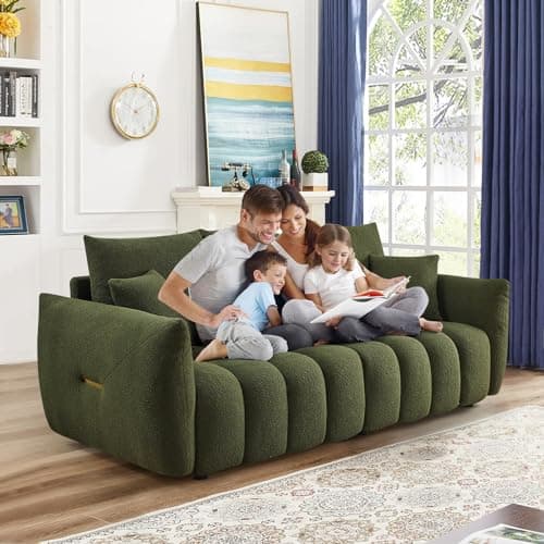 Oversized Green Sherpa Tufted 3 Seater Sofa, Teddy Bouclé Cushions