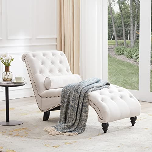 Beige Button-Tufted Armless Chaise Lounge with Solid Wood Legs & Pillow for Living Room