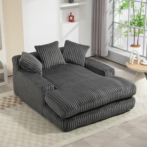 Oversized Grey Chaise Lounge Chair with Armrests & Throw Pillows - Modern Indoor Sofa for Living Room & Bedroom