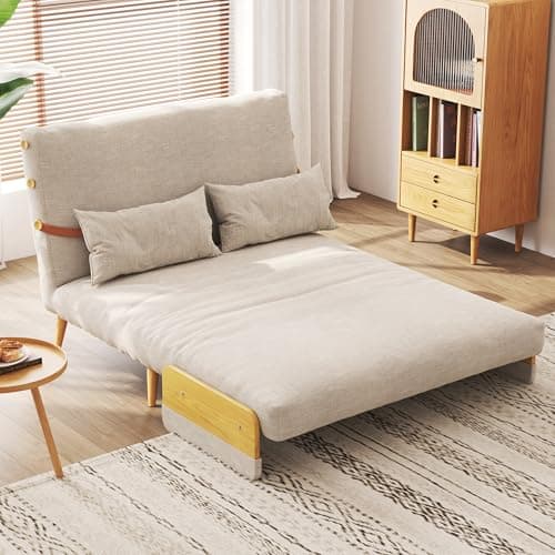 3-in-1 Convertible Chair Bed Sleeper for Adults, Linen Convertable Chair with Wooden Arms & Pillows