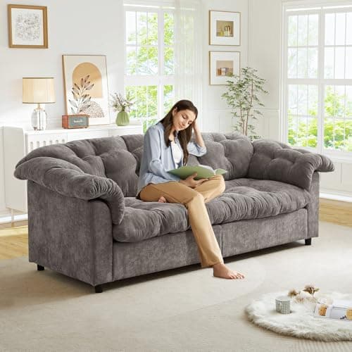 JEEOHEY Modern Sofa Couch, 99" W Chenille Tufted Fluffy Comfy Cloud Couch with Tutfted Design & Armrest Pillows, Upholstered Oversized Loveseat Sofa for Living Room, Bedroom, Office, Apartment, Grey
