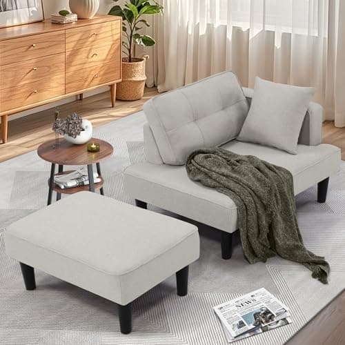 SEJOV Convertible Recliner Sofa Bed, Small Living Room Sectional with Chaise & 2 Pillows, Linen Blue
