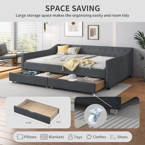 Full Size Upholstered Day Bed with Drawers & Tufted Back, Dark Grey