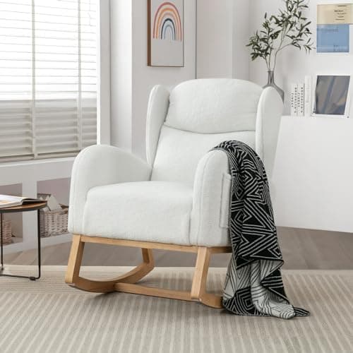 Rocking Chair for Nursery: Teddy Upholstered Glider with Side Pockets and High Backrest in Black