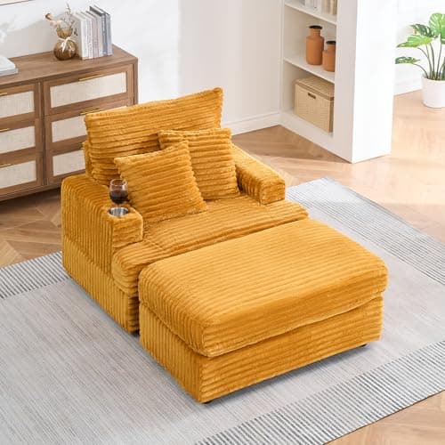 Cozy Chaise Lounge Chair with Ottoman for Indoor, Modern Deep Seat Sofa (White)