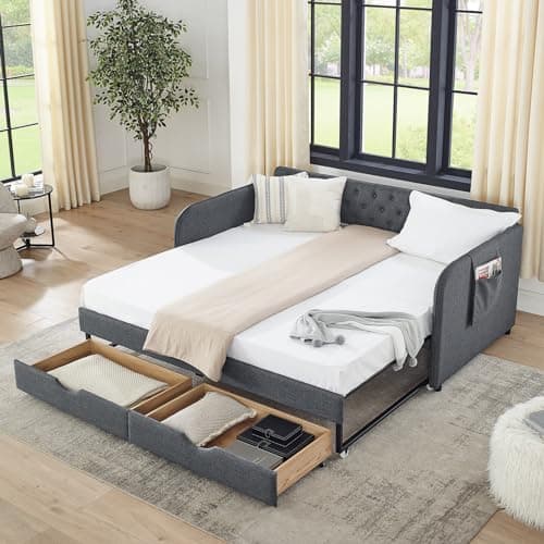 Twin Size Day Bed with Trundle and Storage Drawers in Grey