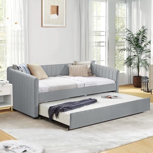 Linen Twin Size Daybed with Trundle - Grey Upholstered Wood Frame for Living Room/Bedroom/Guest Room