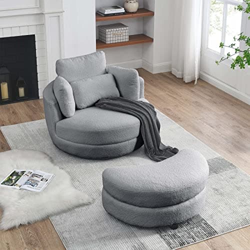 Grey Teddy Fabric Swivel Chair with Storage Ottoman