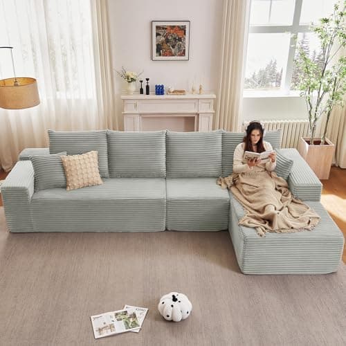 107" Modern Black Corduroy L-Shaped Sofa, Deep Seat Chaise for Living Room