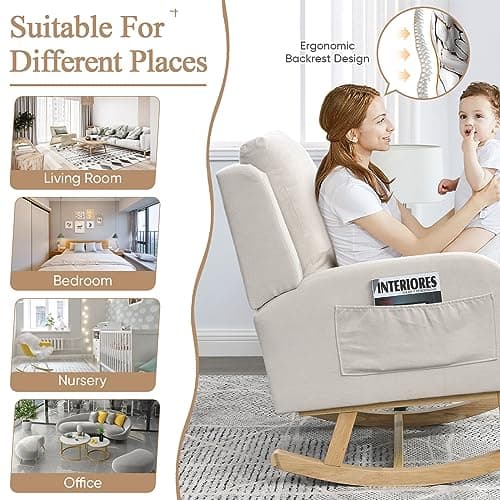 Upholstered Rocking Chair for Nursery with Lumbar Pillow - Beige