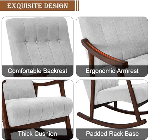 AVAWING Light Grey Fabric Upholstered Rocking Chair, Modern Living Room Armchair