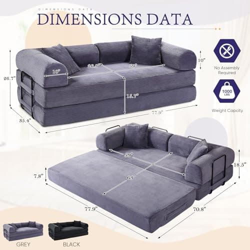 Grey Convertible Sleeper Sofa Bed with Memory FoamMattress&Cylindrical Pillows
