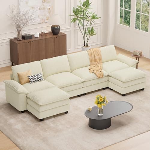 Beige L-Shaped 4-Seat Cloud Couch Sectional Sofa with Ottoman