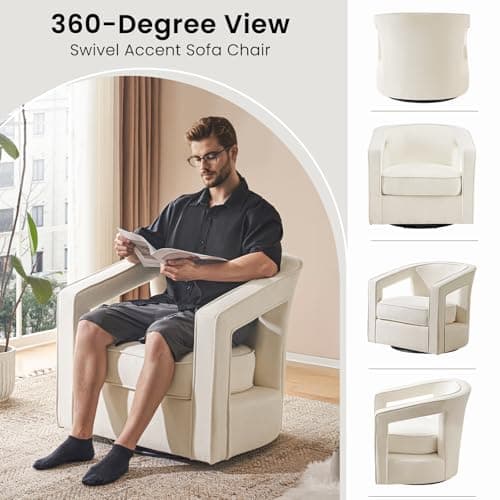 Furniliving Balcany White Chenille Swivel Accent Chair