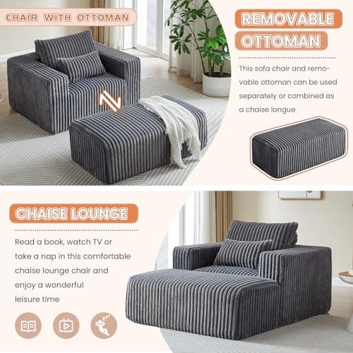 Oversized 48.5 Indoor Chaise Lounge Chair with Ottoman - Modern Plush Corduroy Sofa for Living Room (Grey)