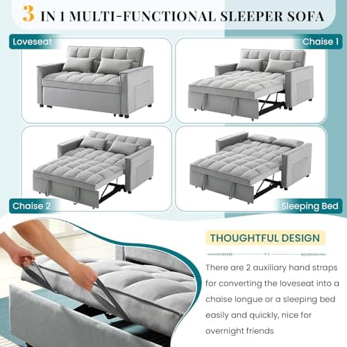 Antetek Modern Velvet Reclining Sleeper Sofa Bed, Grey