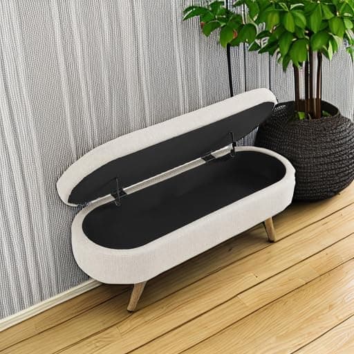 Beige Linen Oval Storage Bench 43.5" for Living Room/Ottoman Entryway
