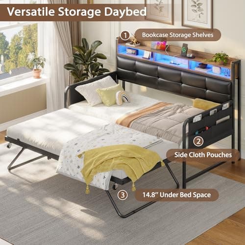 Viagdo Twin Daybed with Charging Station and Storage, Black