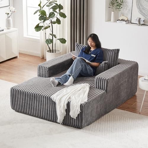 Oversized Grey Plush Corduroy Chaise Lounge Chair with Wide Armrests