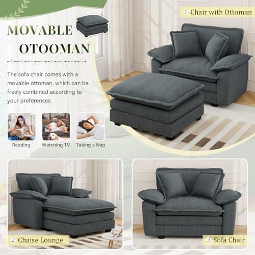 Comfy Grey Corduroy Chaise Lounge Chair with Ottoman